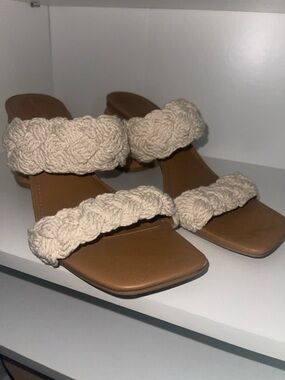 Braided Double-Strap Slide Heels in Cream and Tan